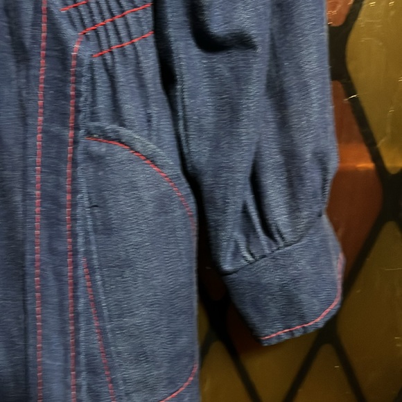 Vintage 1980’s denim cinched waist long jacket with functional pockets/tie-waist - Picture 9 of 13